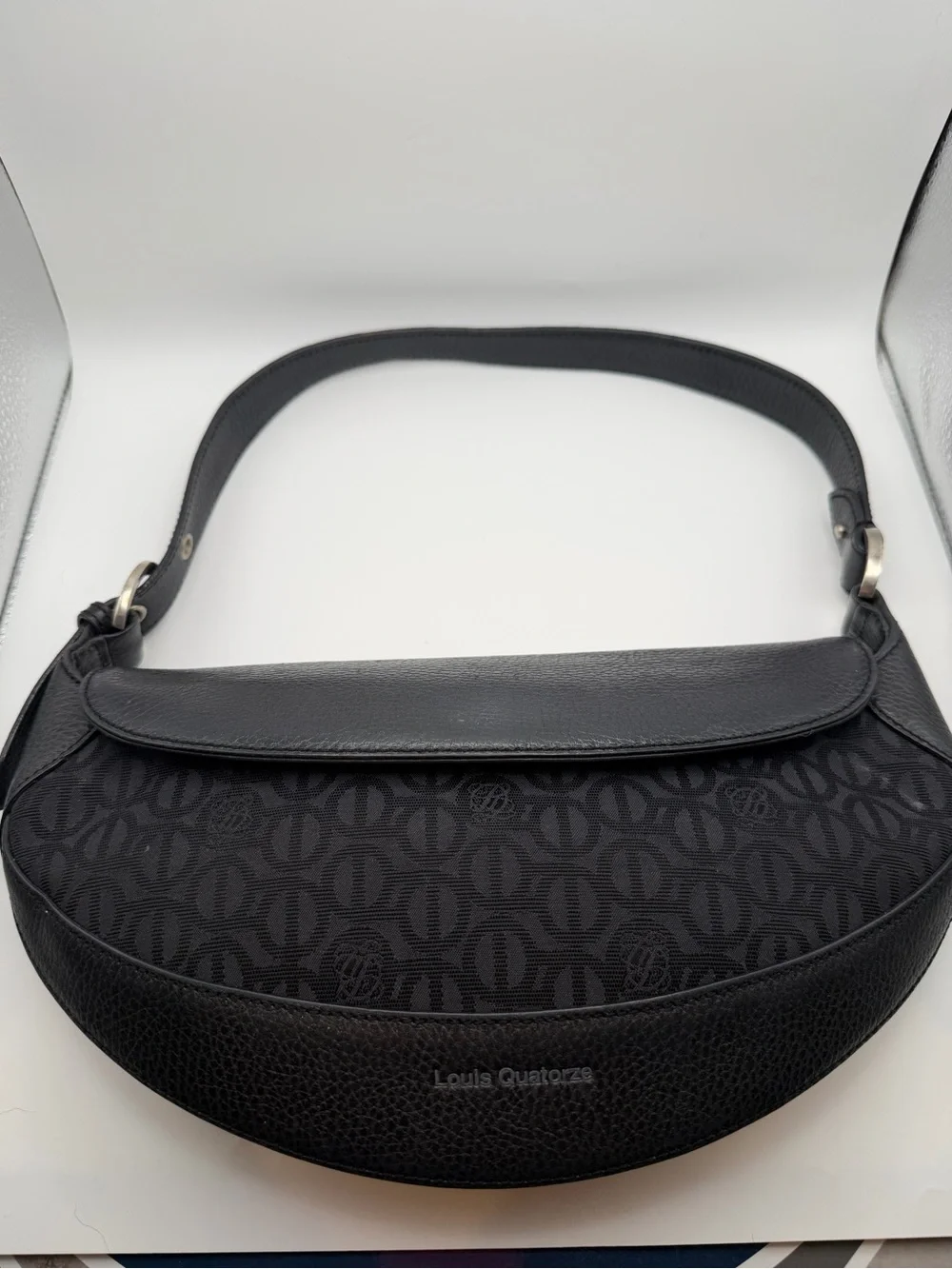 Louis Quatorze Black Monogram Crescent Shoulder Bag Leather Trim Vintage Purse